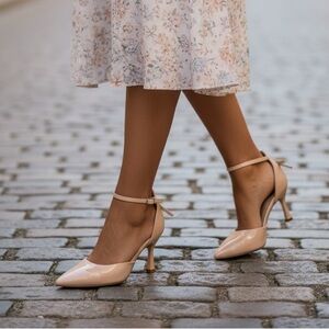 ZBY Nude Patent Pointed Toe Ankle Strap Heels | Size 8.5 | Bow Detail